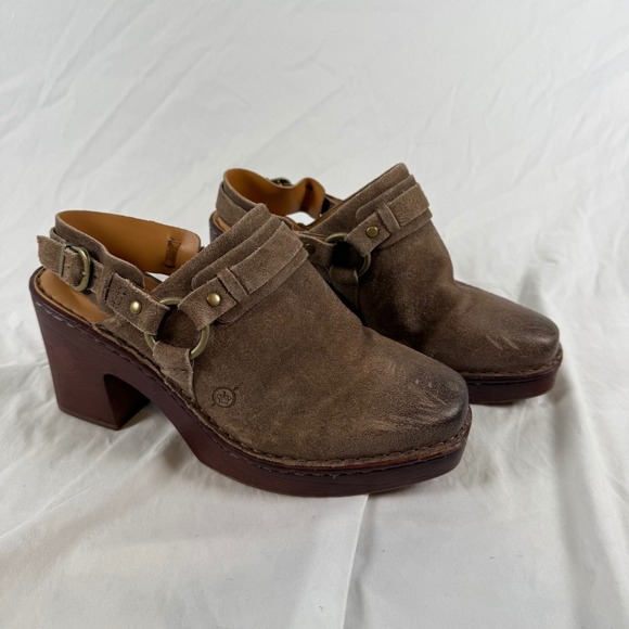 Born Shoes - Born Gray Suede Platform Clogs Slingback Harness Mules Square Toe Casual Fall 9M